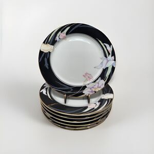 Set (6) Mikasa L 9050 Charisma black Salad Plates round 7.5” fine china vintage